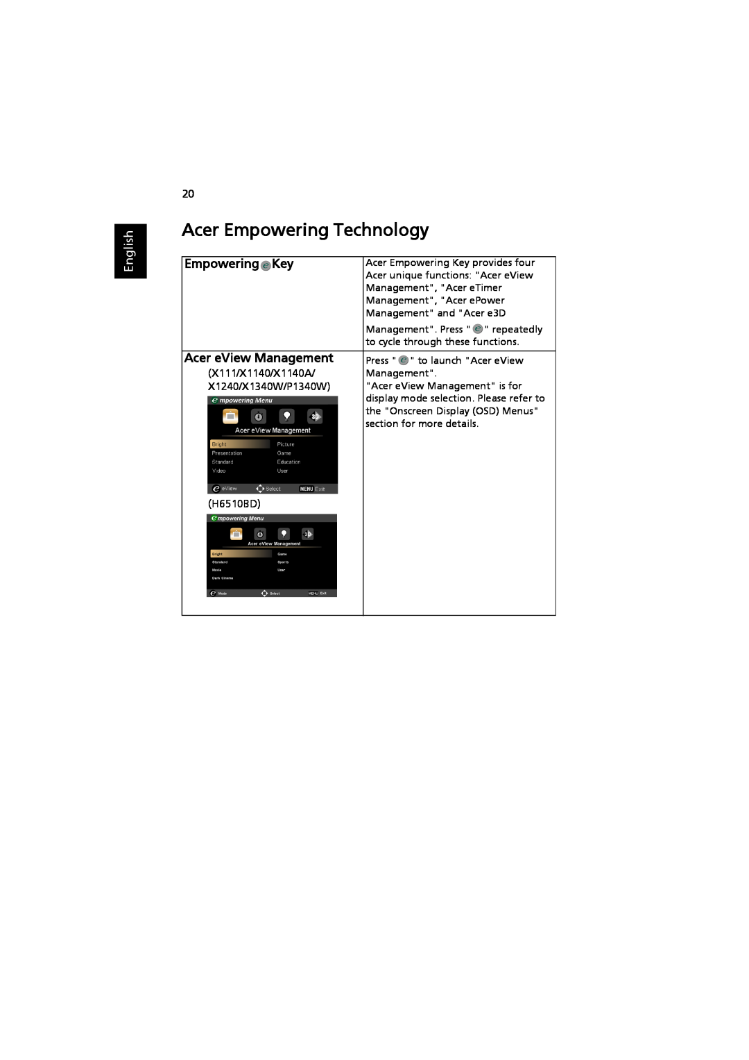 Acer MRJFZ1100A manual Acer Empowering Technology, Empowering Key, Acer eView Management, English 