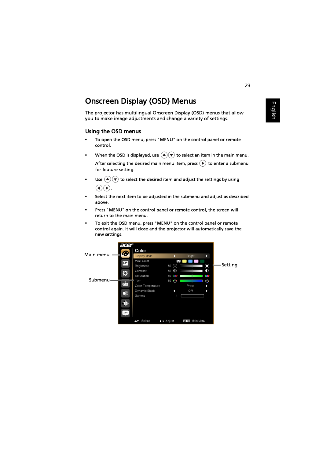 Acer MRJFZ1100A manual Onscreen Display OSD Menus, Using the OSD menus, English 