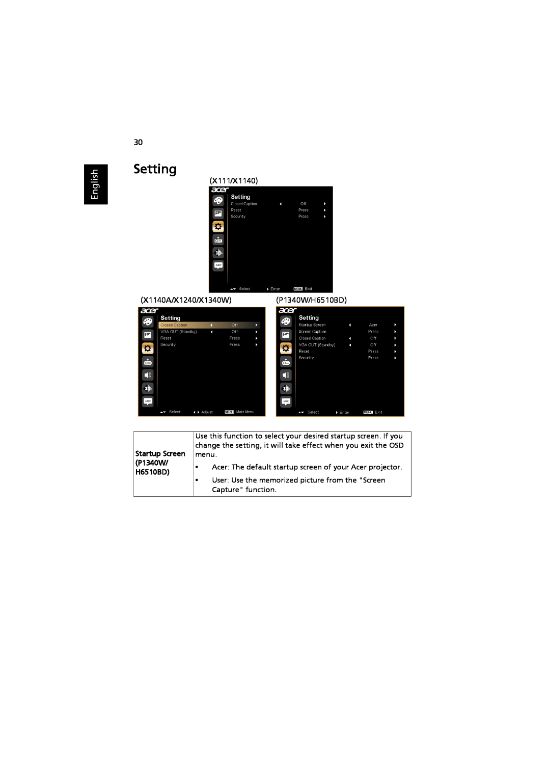 Acer MRJFZ1100A manual Setting, English, Startup Screen, P1340W, H6510BD 