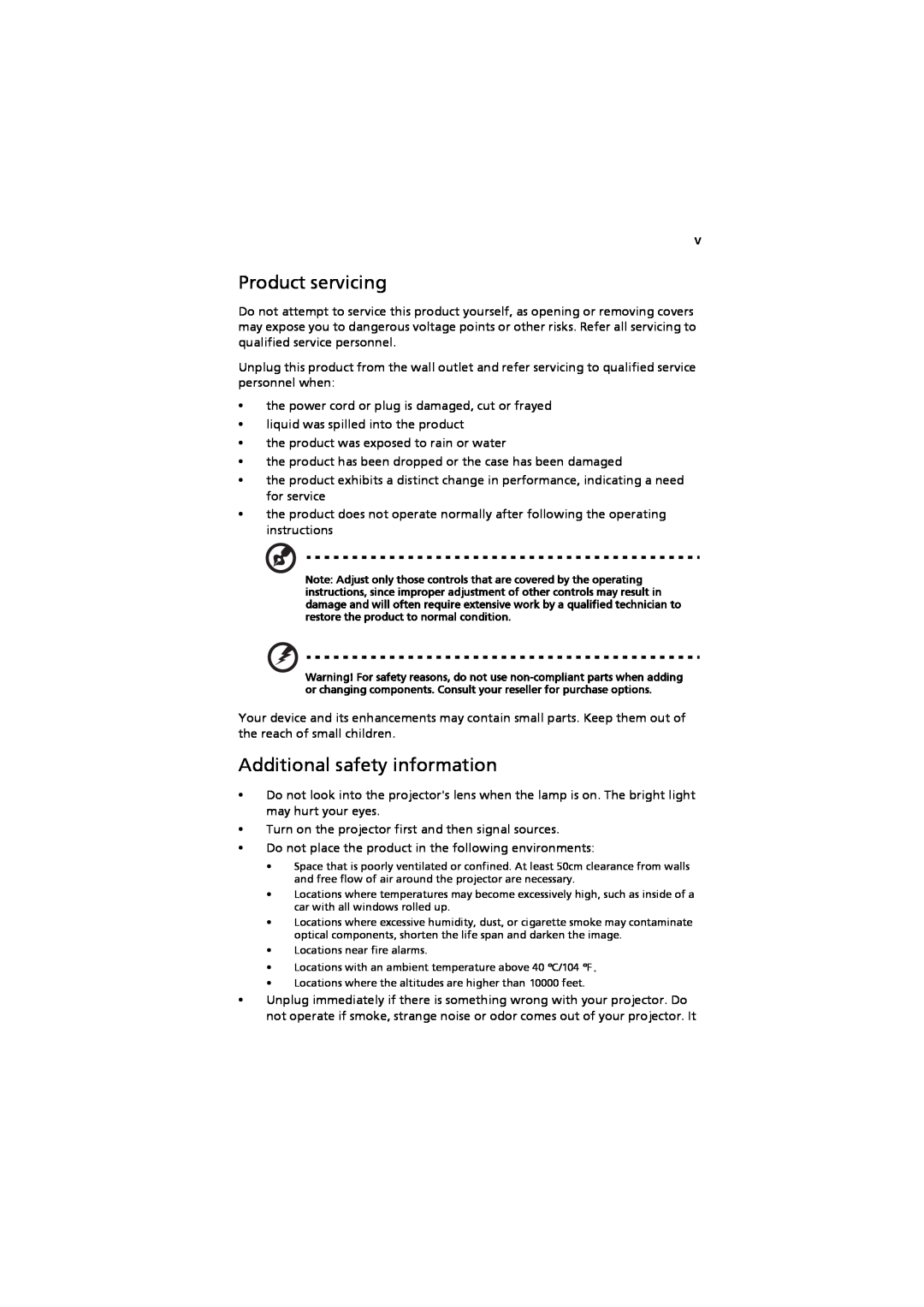 Acer MRJFZ1100A manual Product servicing, Additional safety information 