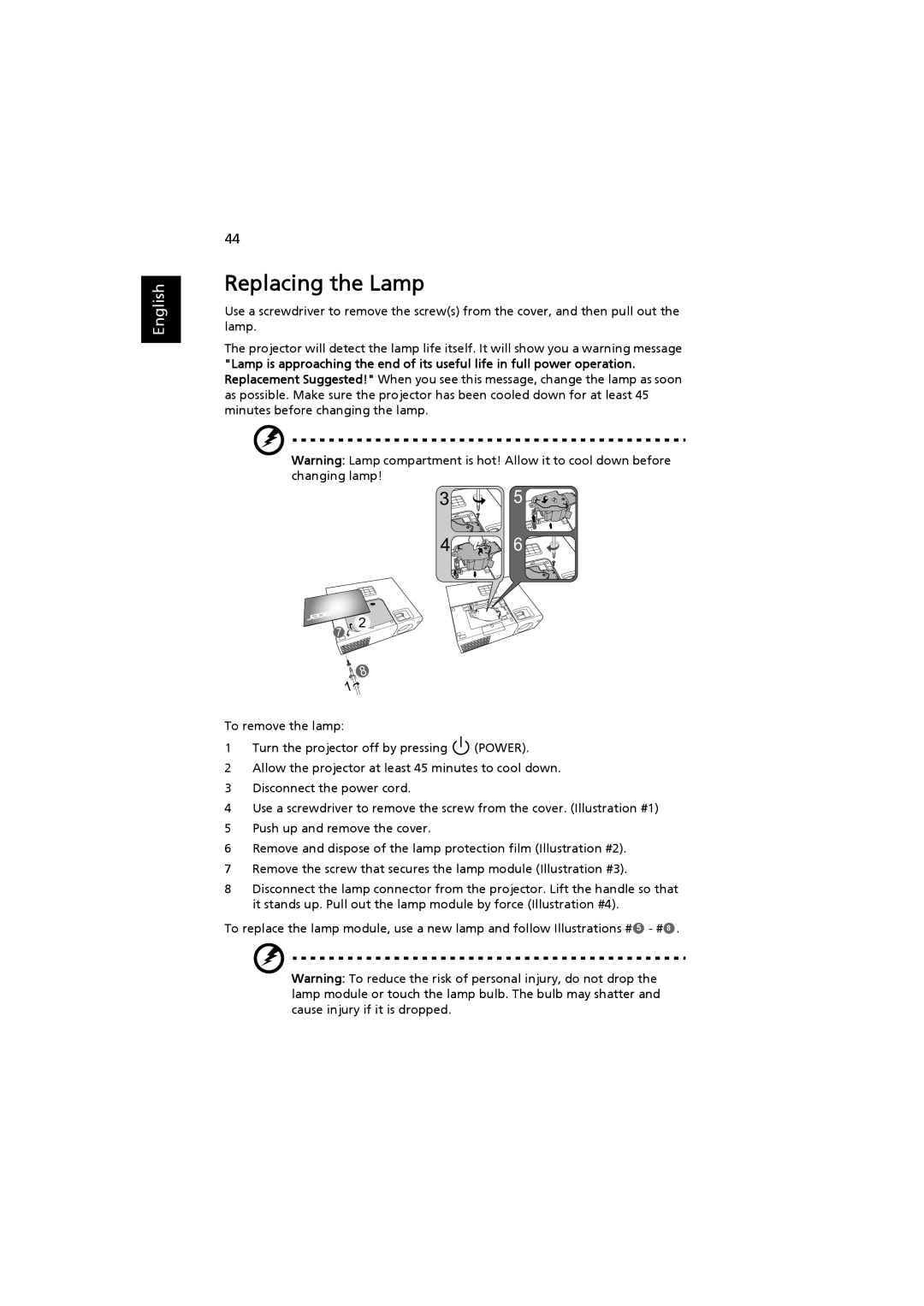 Acer MRJFZ1100A manual Replacing the Lamp, English 