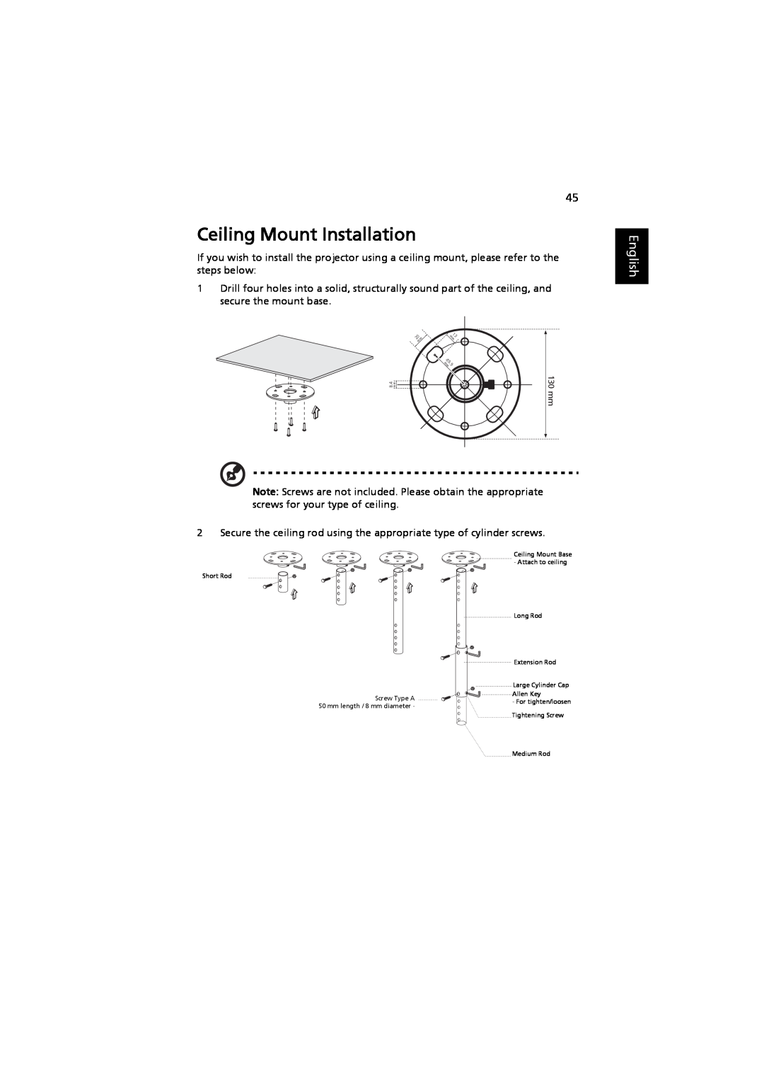 Acer MRJFZ1100A manual Ceiling Mount Installation, English 