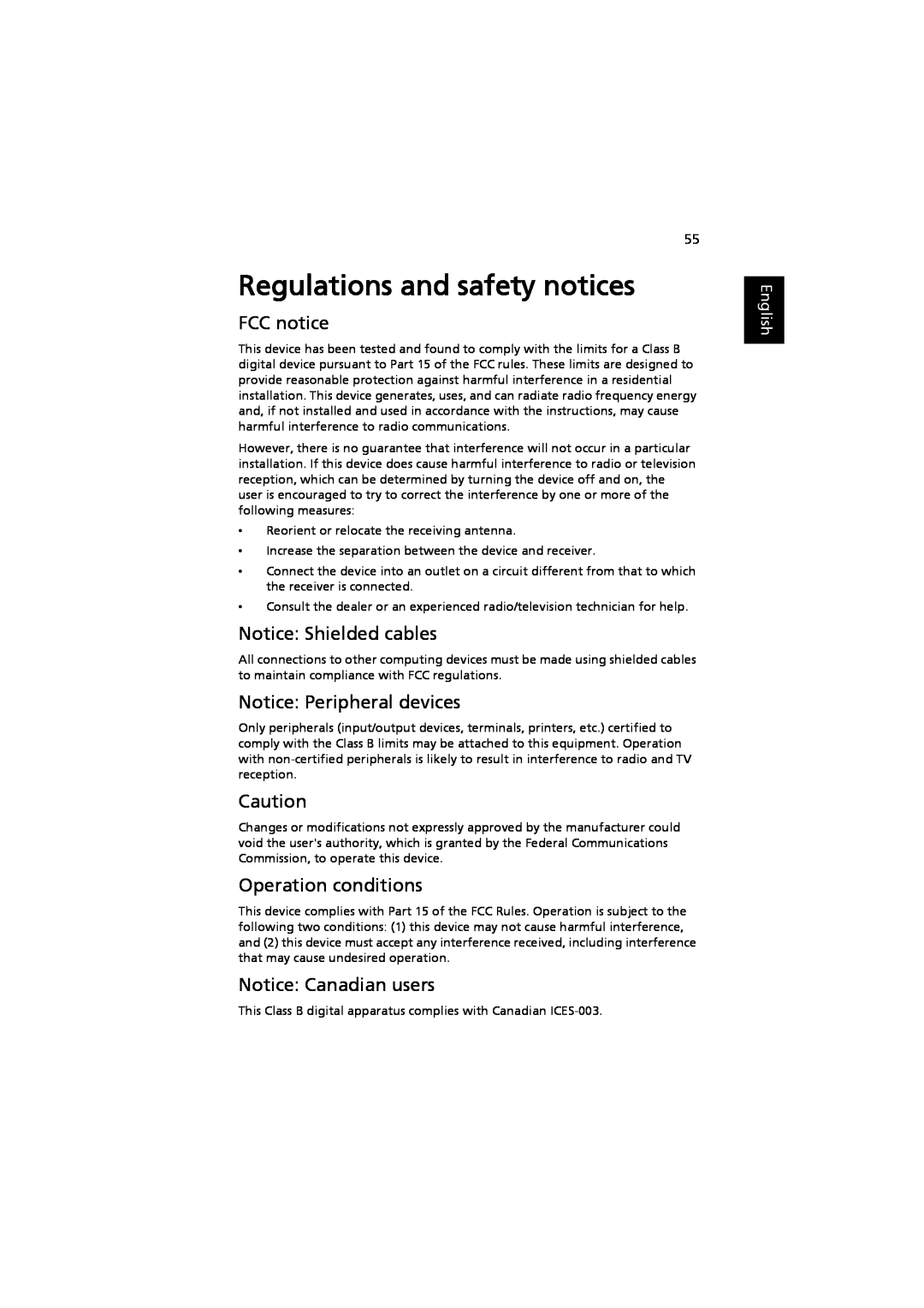 Acer MRJFZ1100A Regulations and safety notices, FCC notice, Notice Shielded cables, Notice Peripheral devices, English 