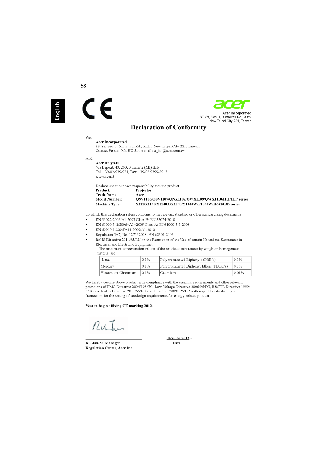 Acer MRJFZ1100A manual Declaration of Conformity, English 