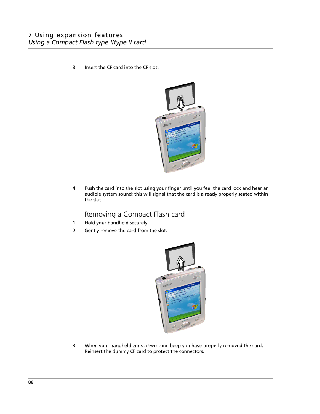 Acer N10 manual Removing a Compact Flash card, Using expansion features 