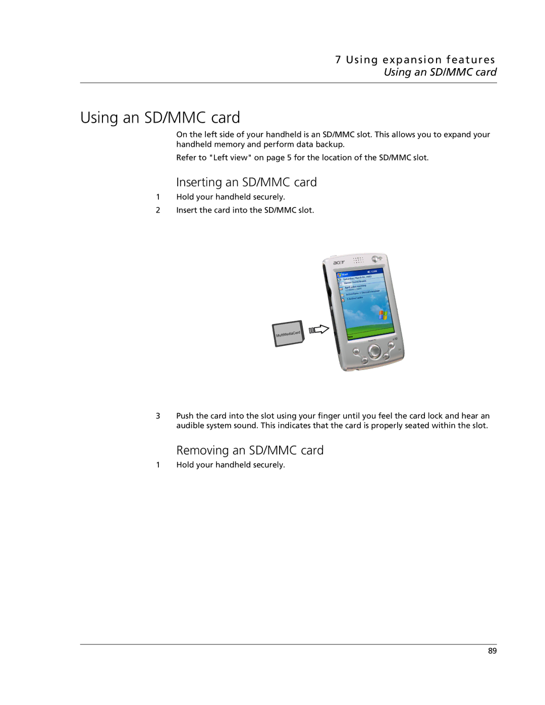 Acer N10 manual Using an SD/MMC card, Inserting an SD/MMC card, Removing an SD/MMC card 