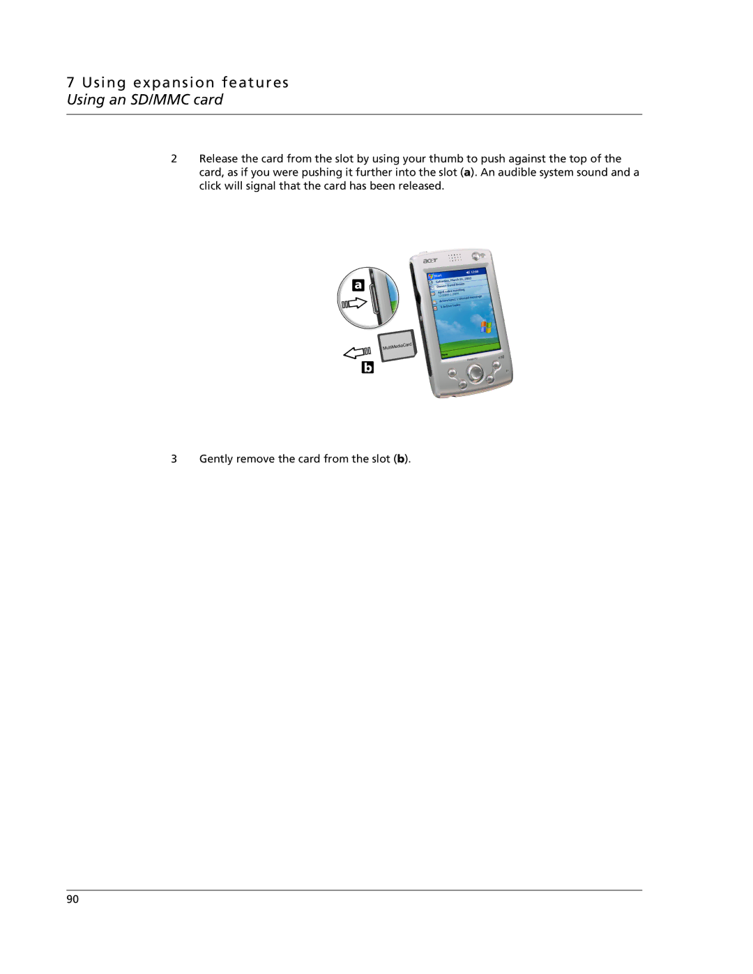 Acer N10 manual Using expansion features Using an SD/MMC card 