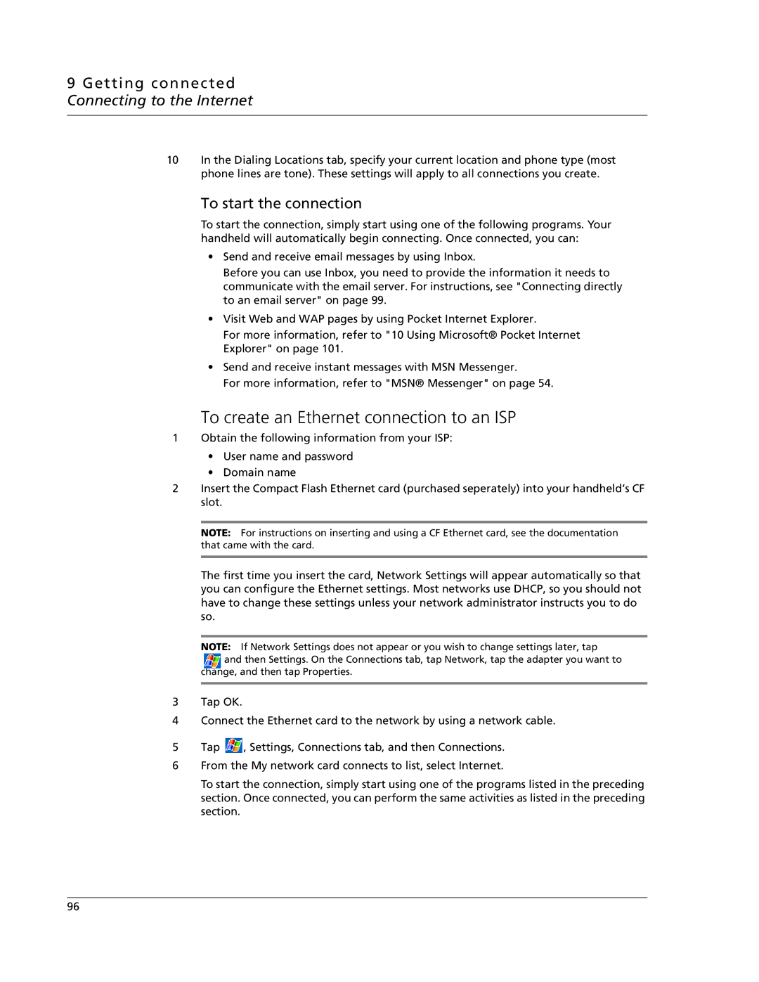 Acer N10 manual To create an Ethernet connection to an ISP, To start the connection 