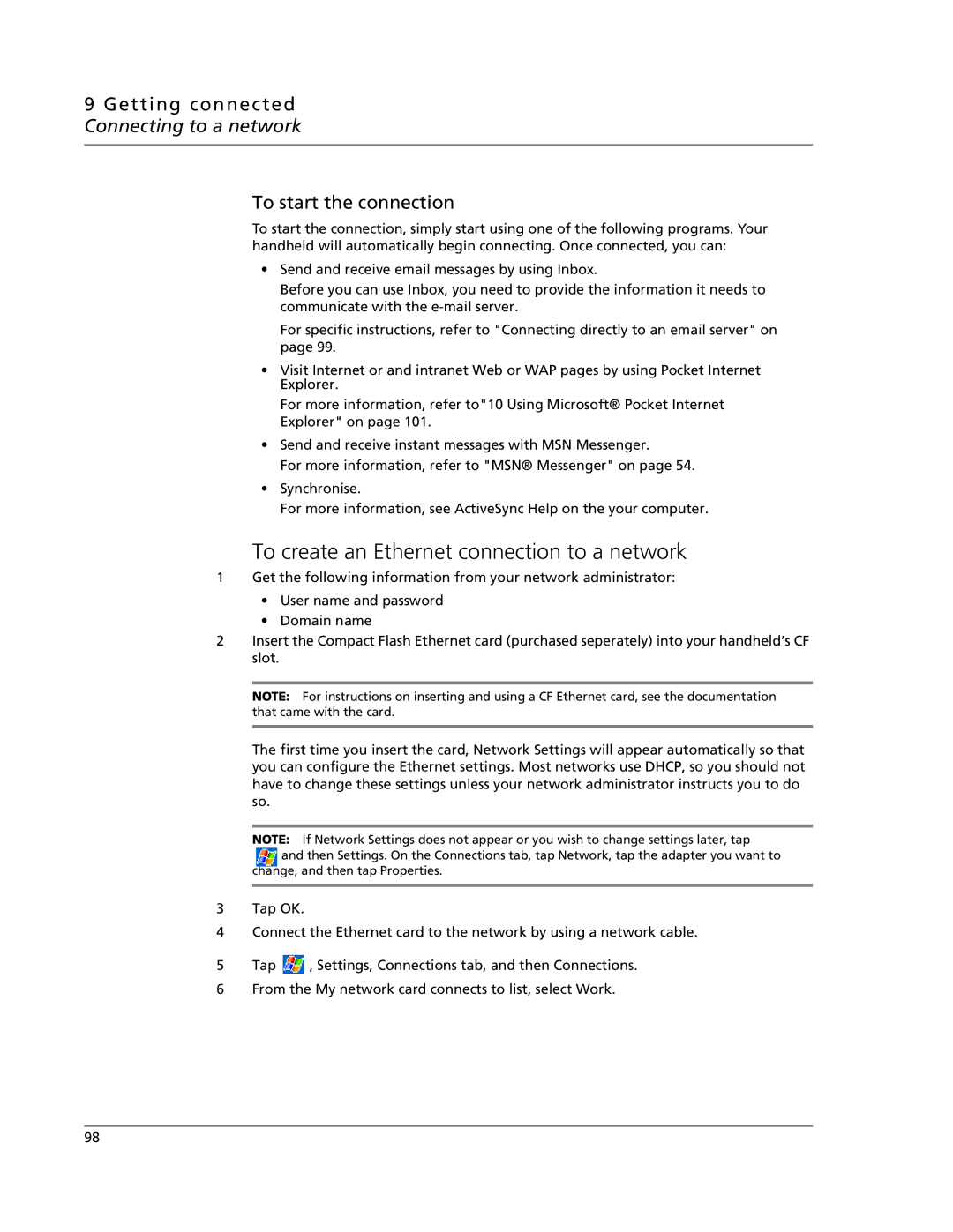 Acer N10 manual To create an Ethernet connection to a network 