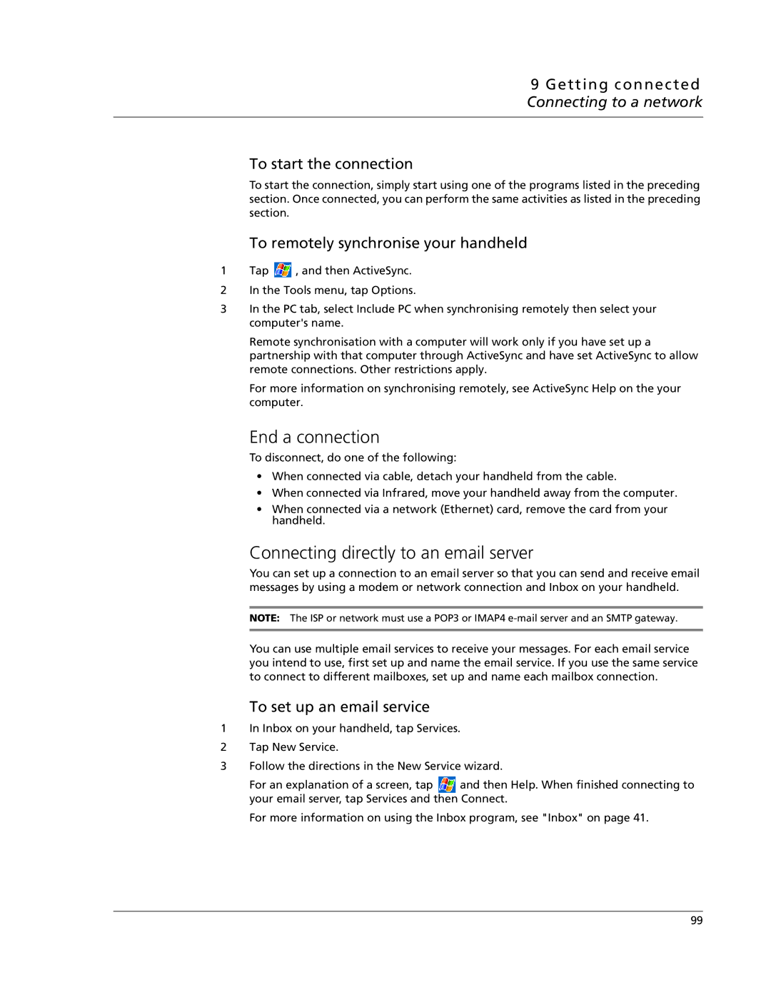 Acer N10 manual End a connection, To remotely synchronise your handheld, To set up an email service 