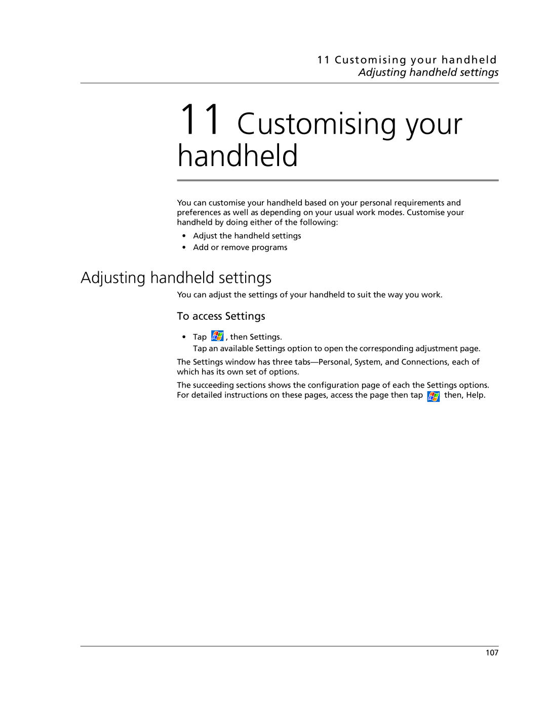 Acer N10 manual Customising your handheld Adjusting handheld settings, To access Settings 