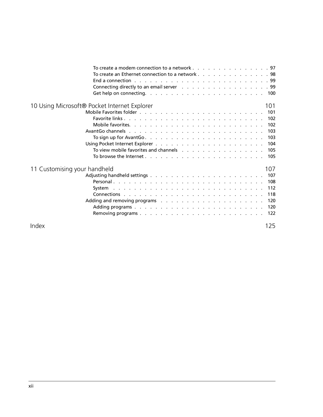 Acer N10 manual 101, Customising your handheld 107, Index 125 