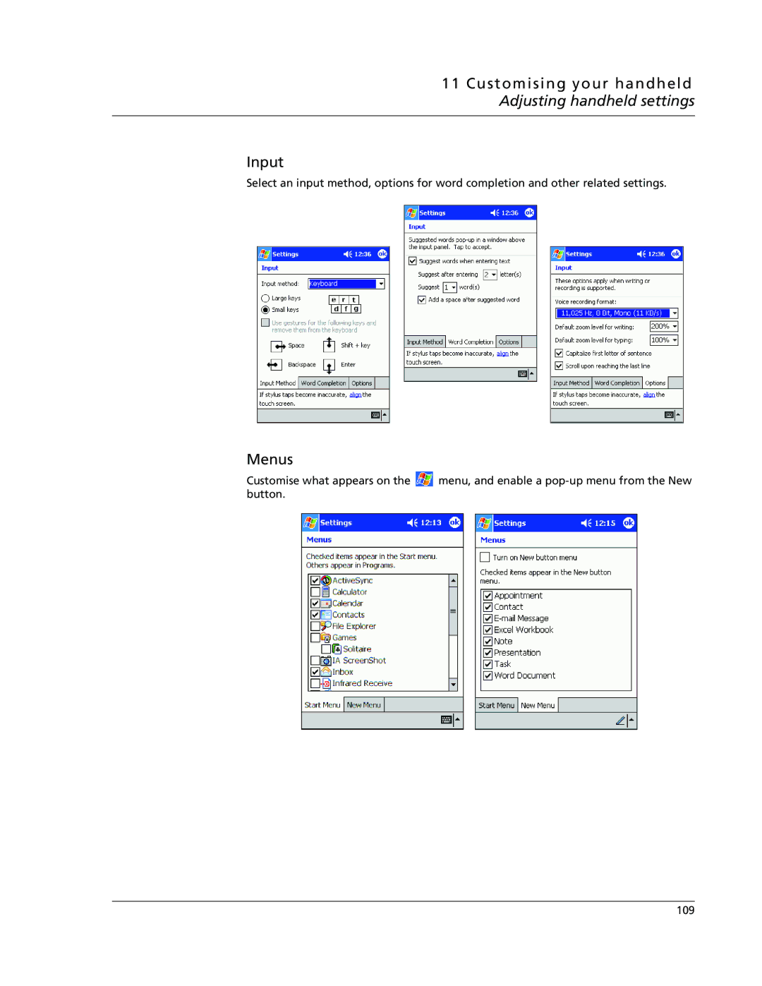 Acer N10 manual Customising your handheld Adjusting handheld settings Input, Menus 