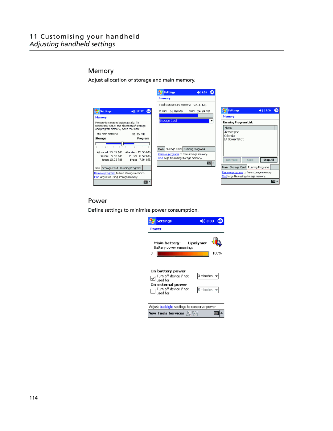 Acer N10 manual Customising your handheld Adjusting handheld settings Memory, Power 