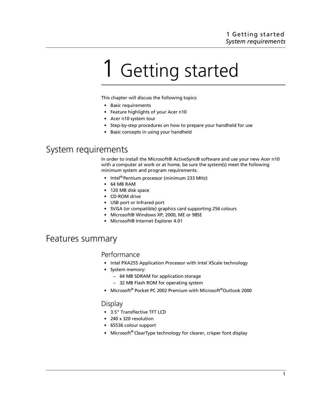 Acer N10 manual Features summary, Performance, Display, Getting started System requirements 