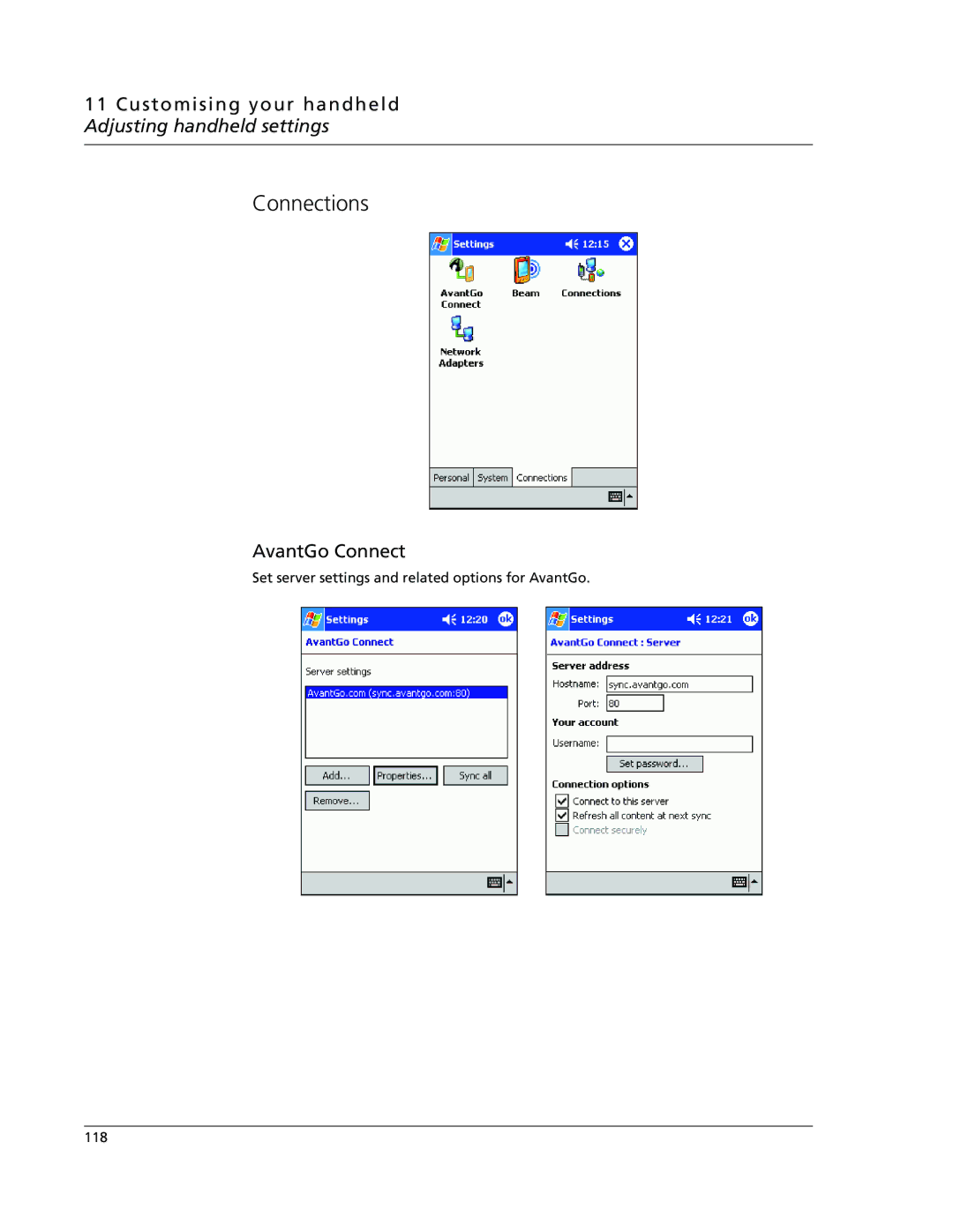 Acer N10 manual Connections, AvantGo Connect 