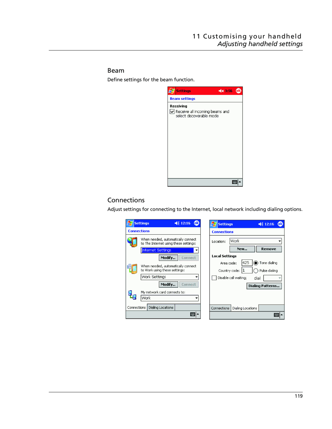 Acer N10 manual Customising your handheld Adjusting handheld settings Beam, Connections 