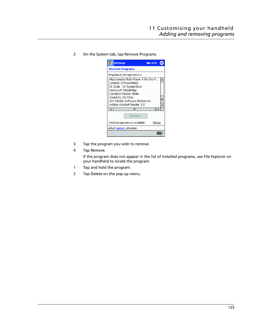 Acer N10 manual Customising your handheld Adding and removing programs 