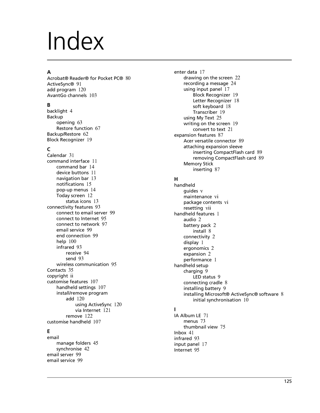 Acer N10 manual Index 