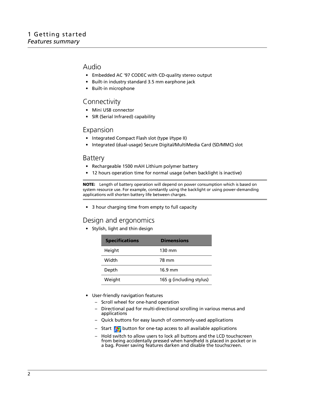 Acer N10 manual Audio, Connectivity, Expansion, Battery, Design and ergonomics 