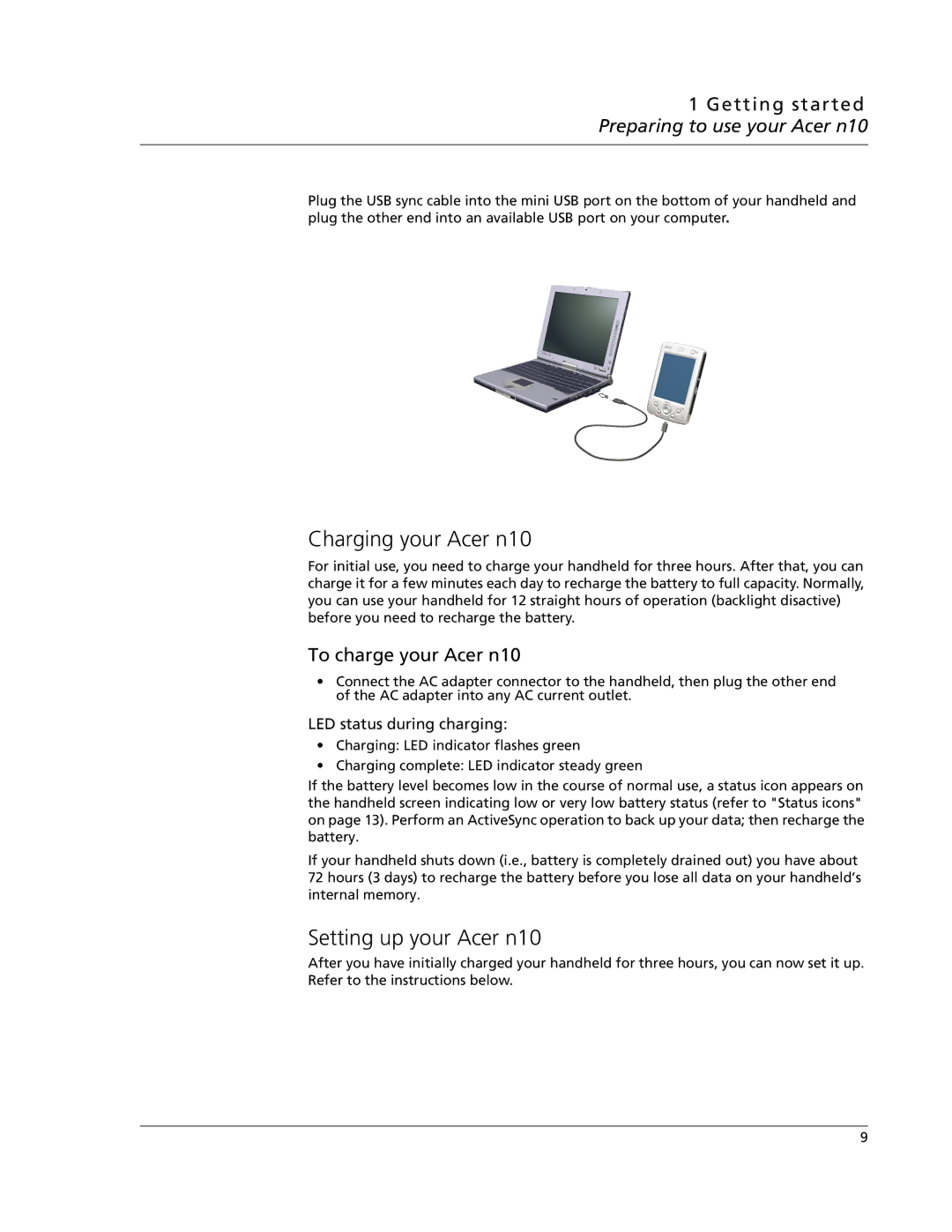 Acer N10 manual Charging your Acer n10, Setting up your Acer n10, To charge your Acer n10, LED status during charging 