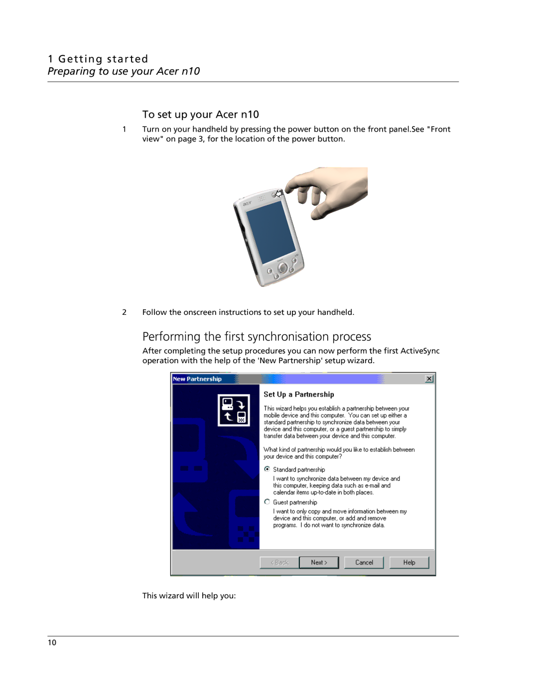 Acer N10 manual Performing the first synchronisation process 