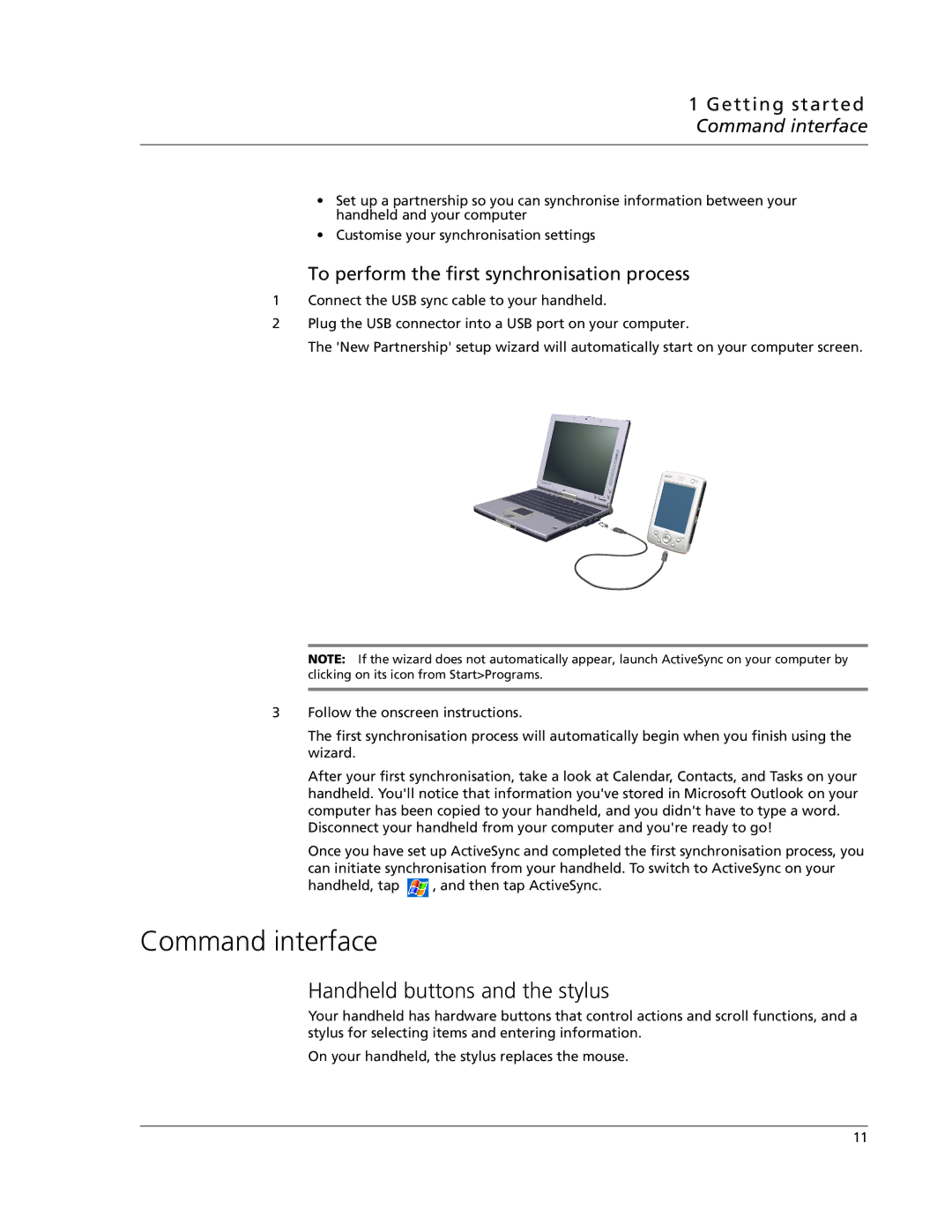 Acer N10 manual Handheld buttons and the stylus, Getting started Command interface 