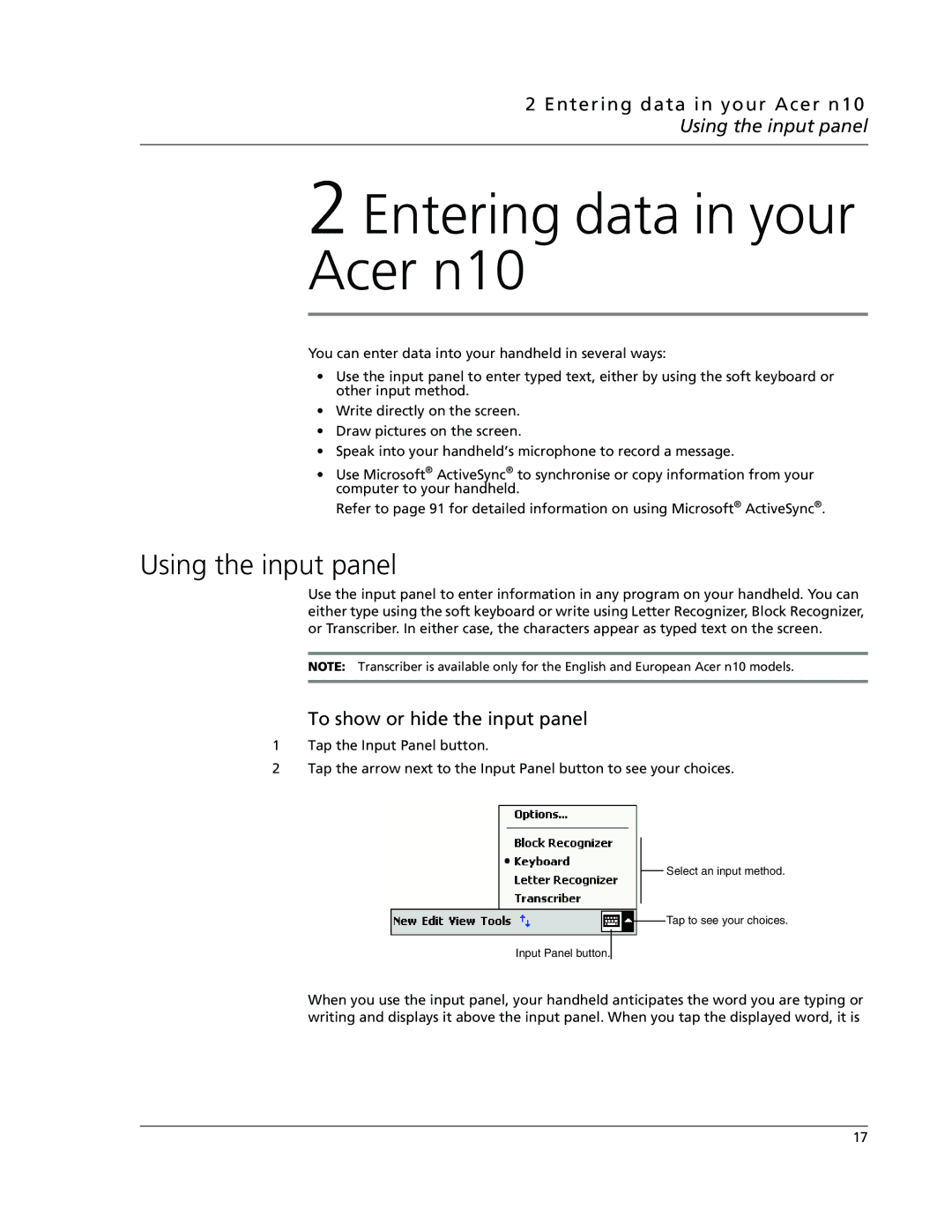 Acer N10 manual Entering data in your Acer n10 Using the input panel, To show or hide the input panel 