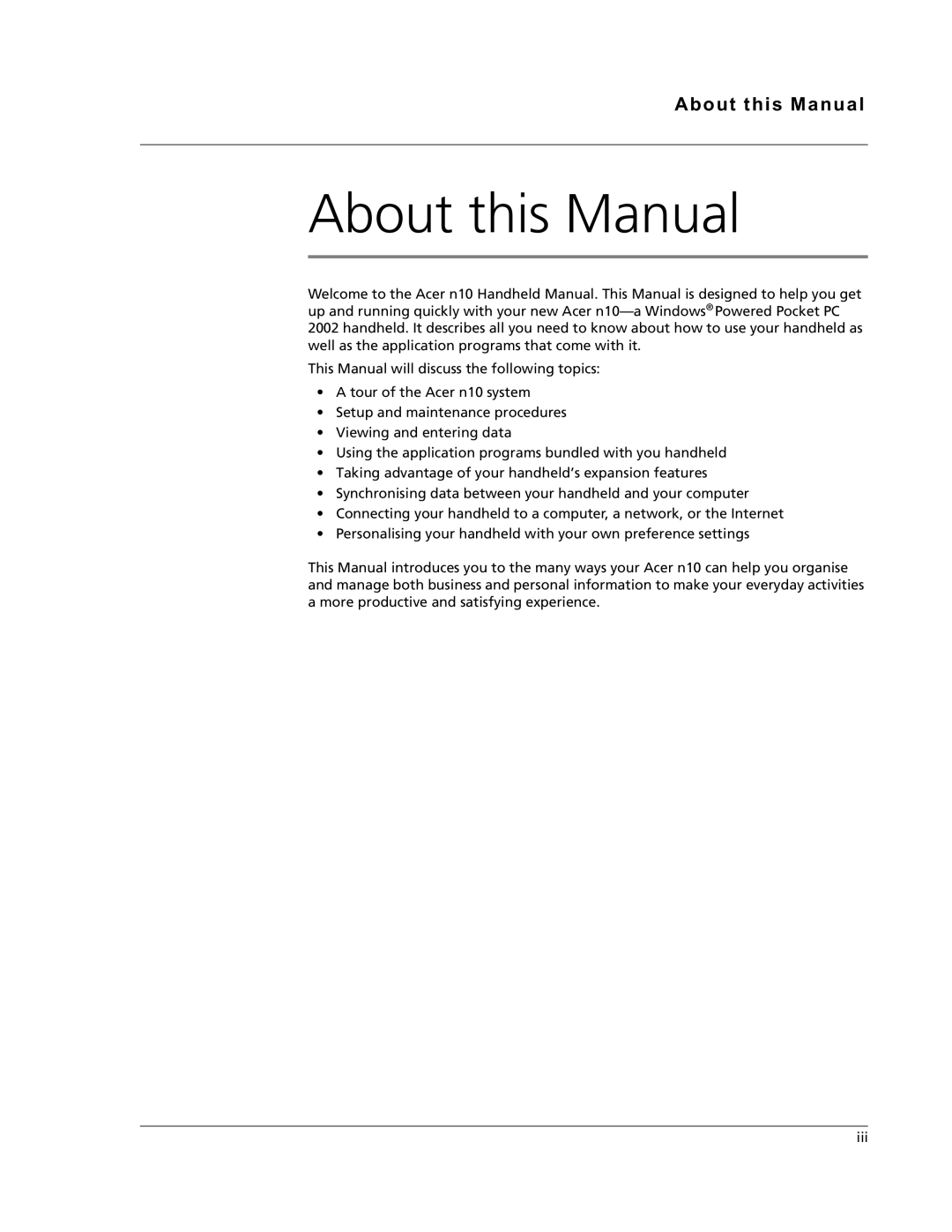 Acer N10 manual About this Manual 