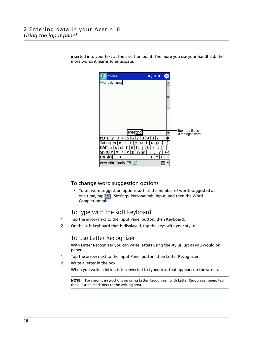 Acer N10 manual To type with the soft keyboard, To use Letter Recognizer, To change word suggestion options 