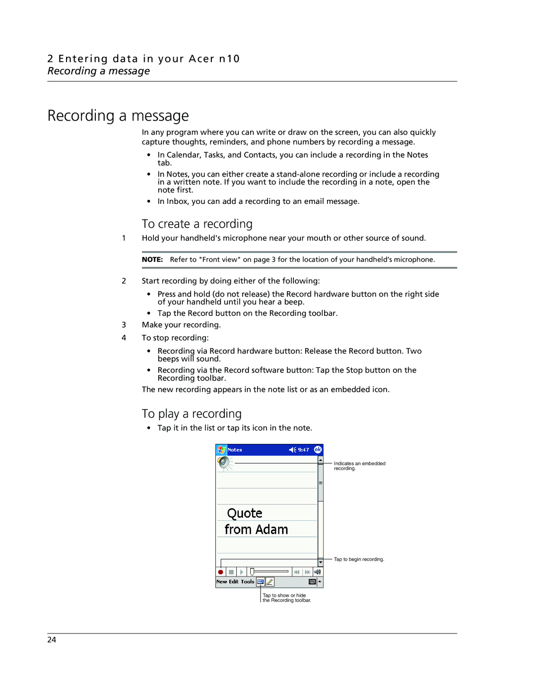 Acer N10 manual Recording a message, To create a recording, To play a recording 