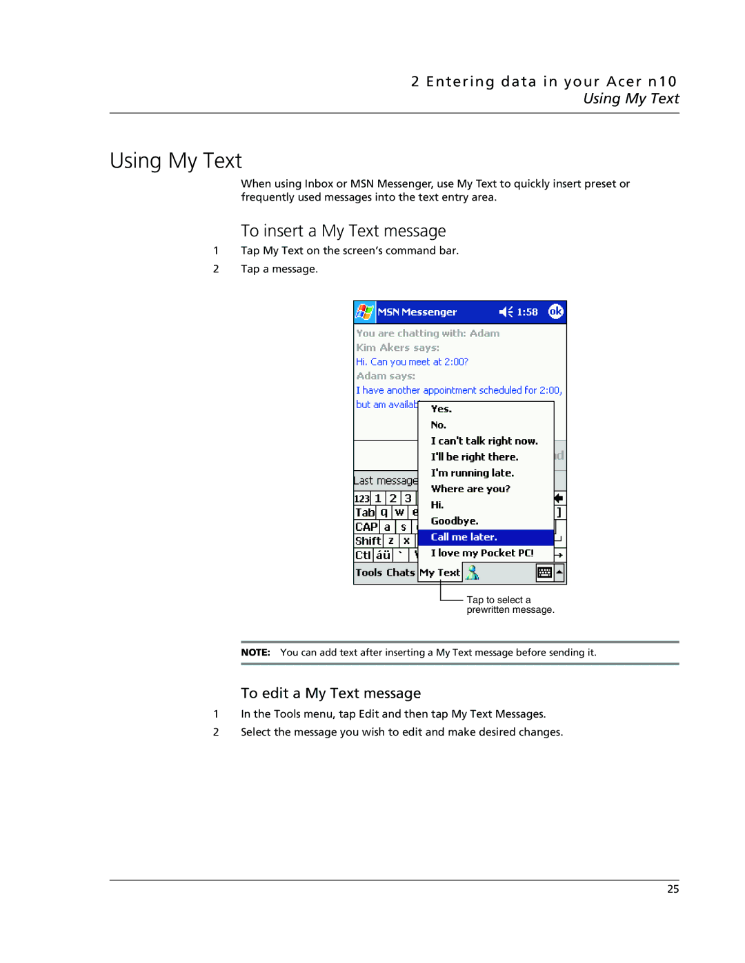 Acer N10 manual To insert a My Text message, Entering data in your Acer n10 Using My Text, To edit a My Text message 