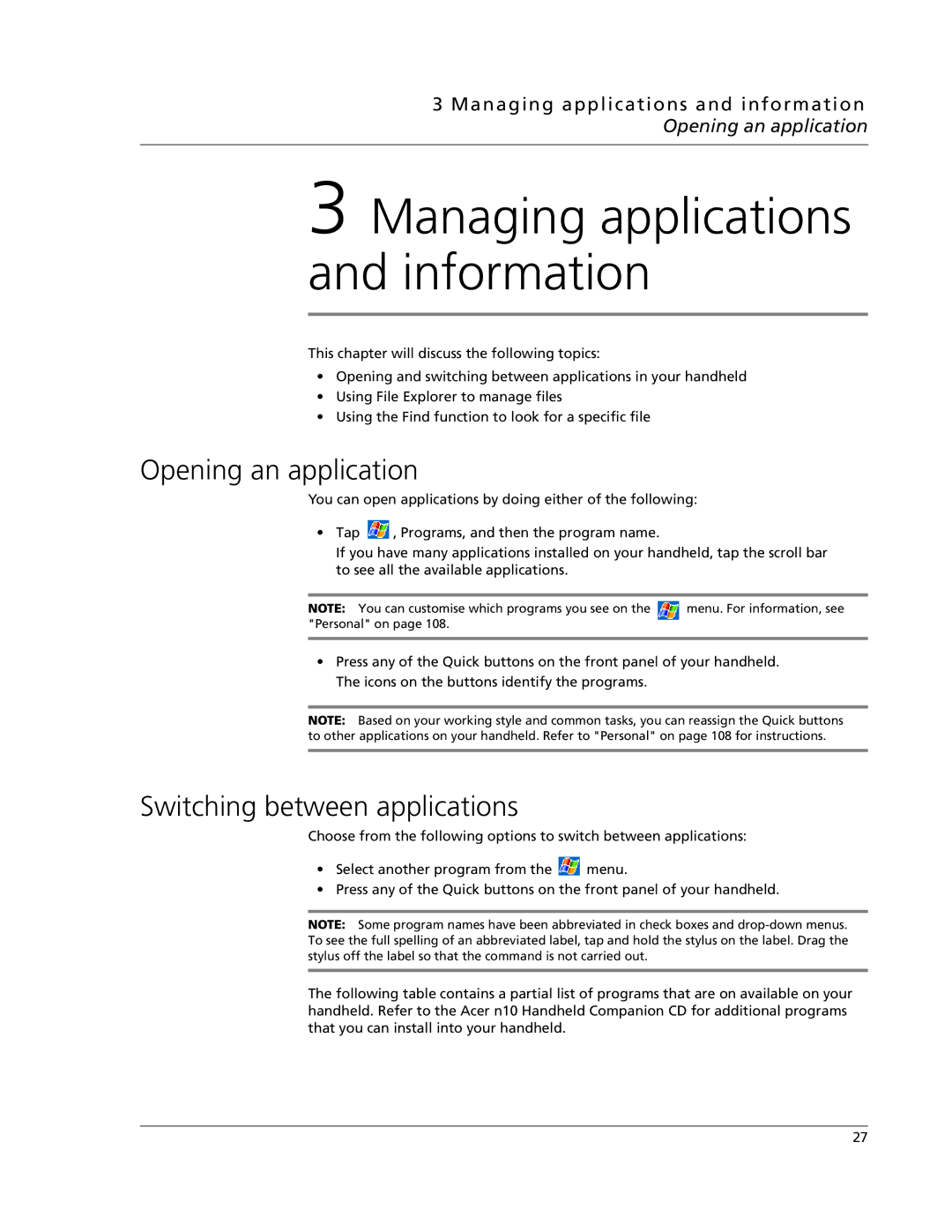 Acer N10 manual Opening an application, Switching between applications 