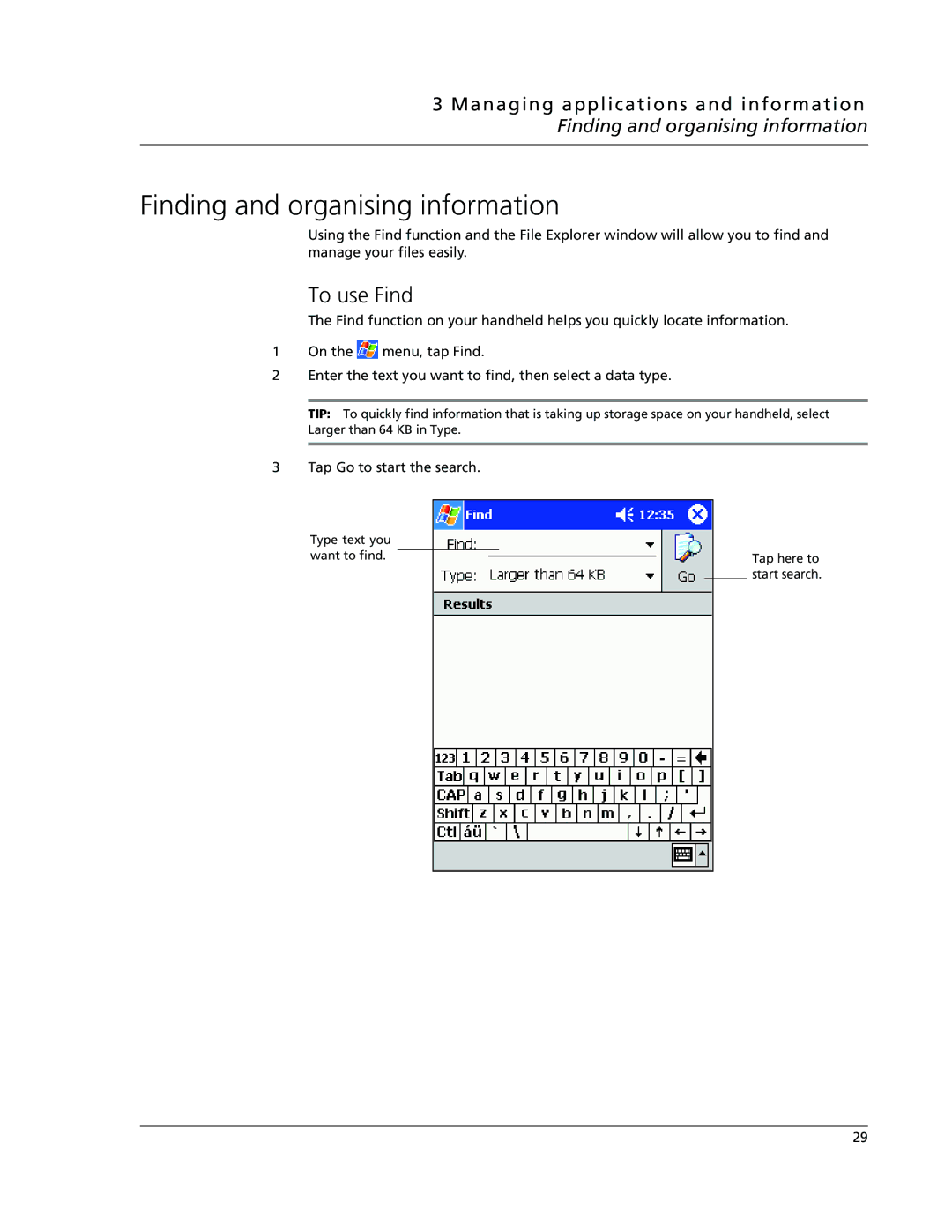 Acer N10 manual Finding and organising information, To use Find 