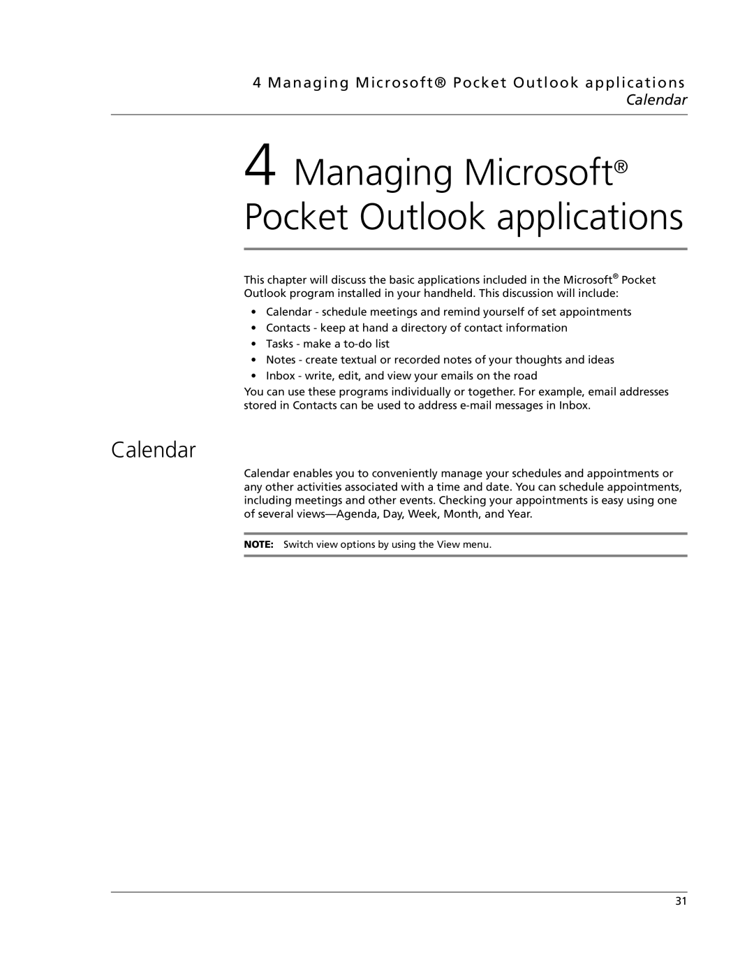 Acer N10 manual Managing Microsoft Pocket Outlook applications Calendar 