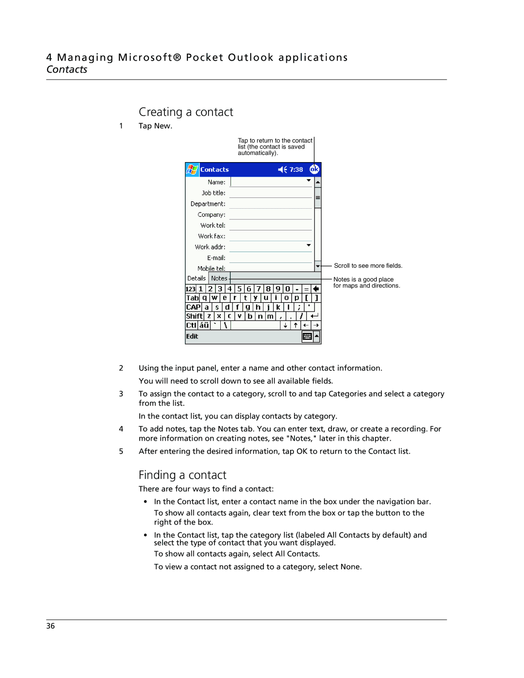 Acer N10 manual Creating a contact, Finding a contact 