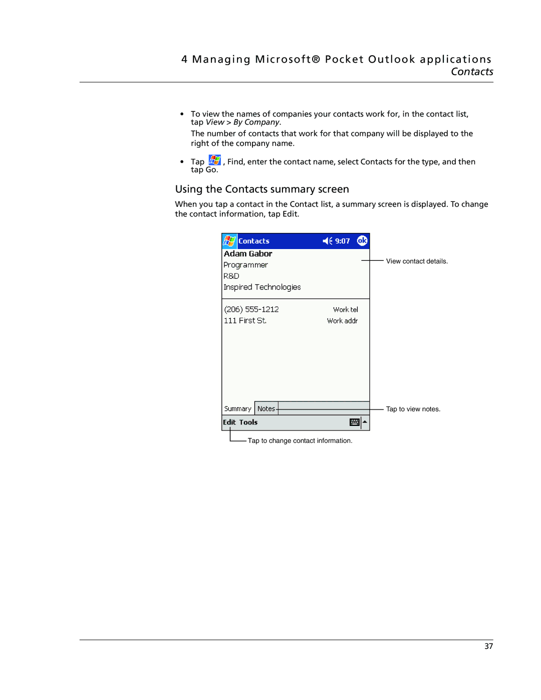 Acer N10 manual Using the Contacts summary screen 