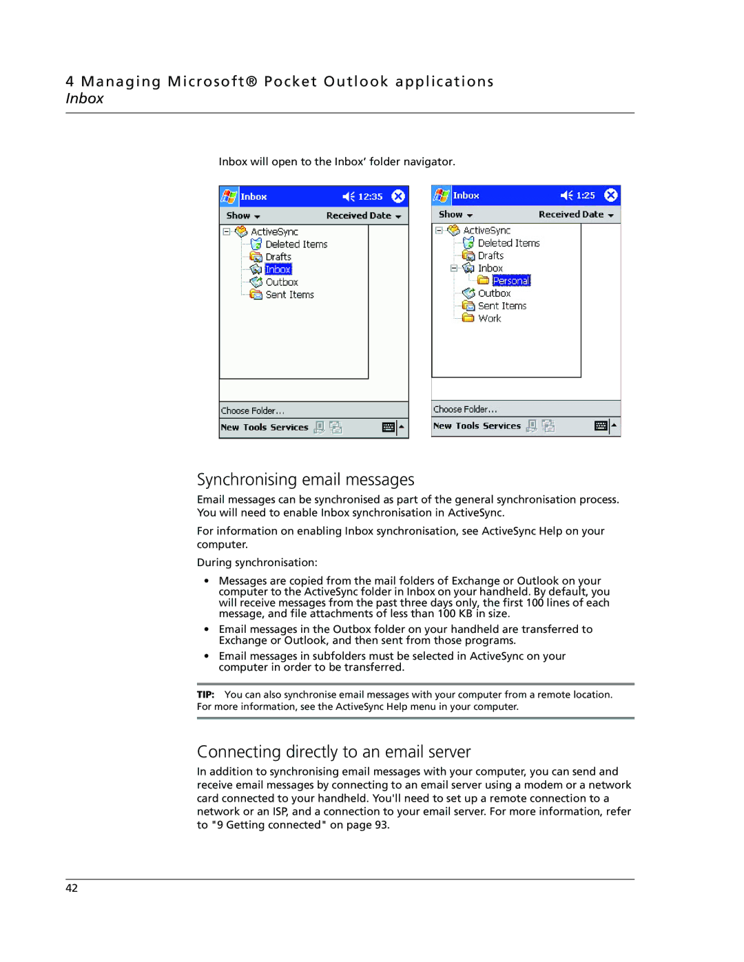 Acer N10 manual Synchronising email messages, Connecting directly to an email server 