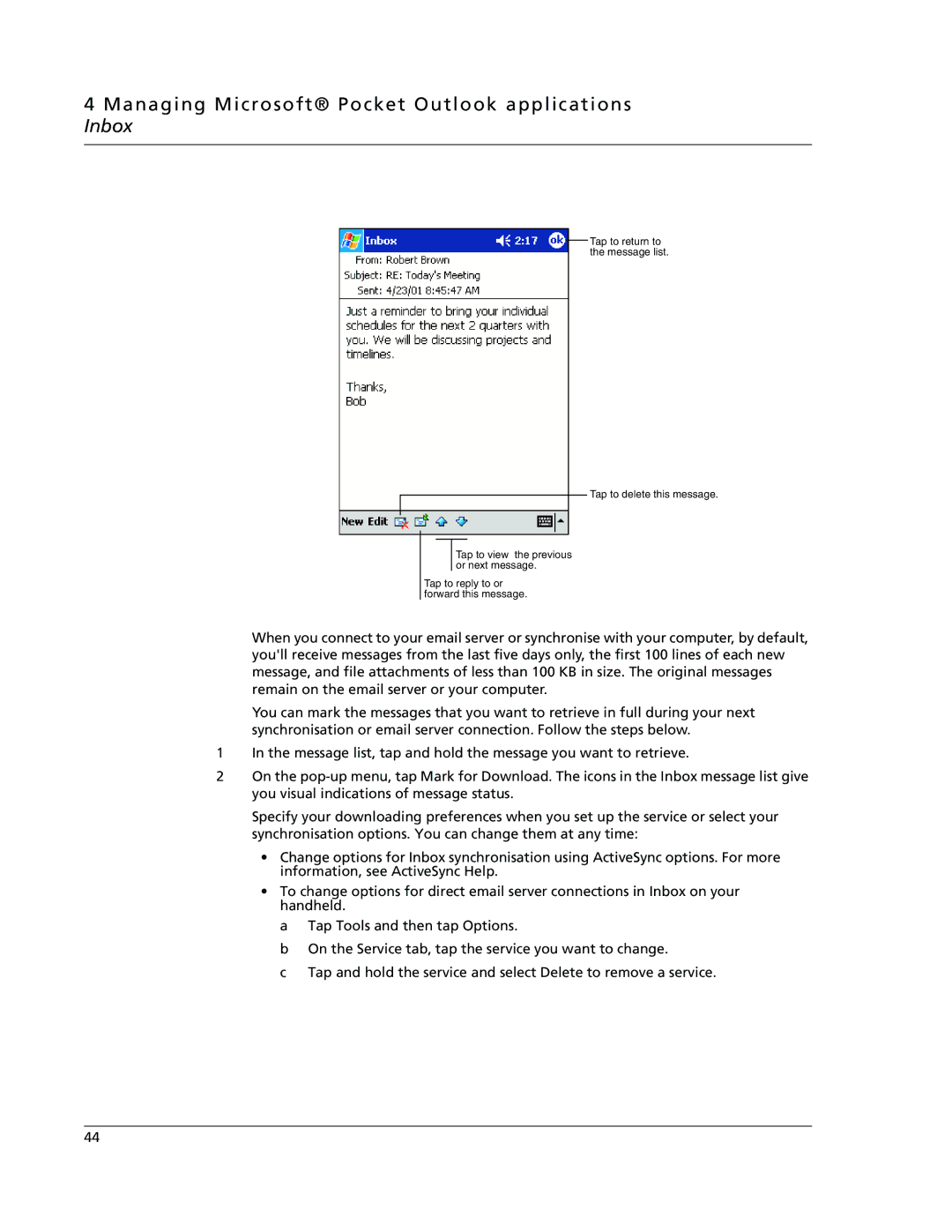 Acer N10 manual Managing Microsoft Pocket Outlook applications Inbox 