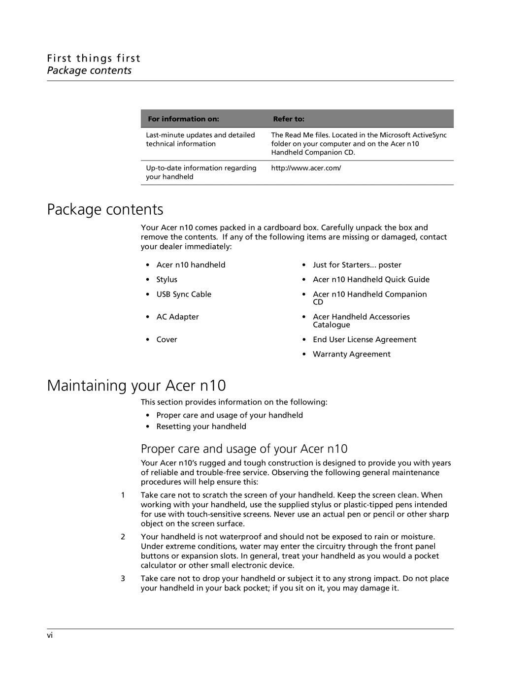 Acer N10 manual Package contents, Maintaining your Acer n10 