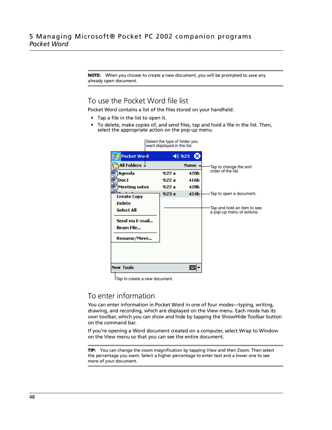 Acer N10 manual To use the Pocket Word file list, To enter information 