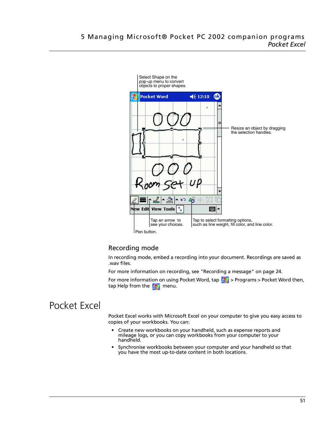 Acer N10 manual Pocket Excel, Recording mode 