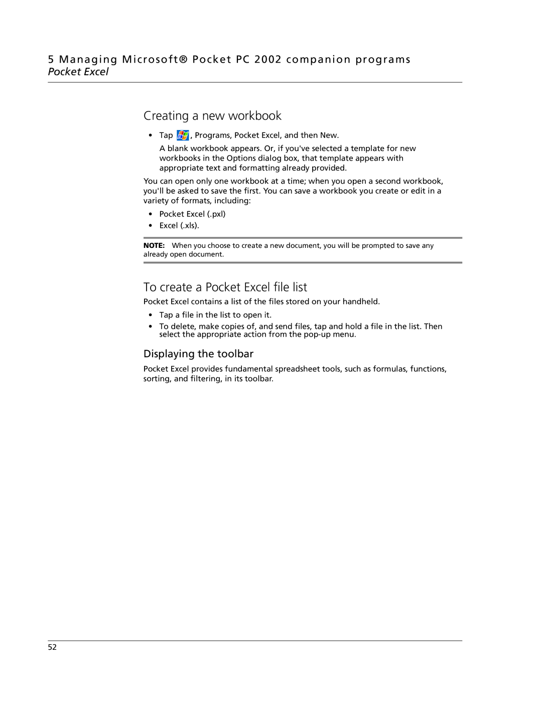 Acer N10 manual Creating a new workbook, To create a Pocket Excel file list, Displaying the toolbar 