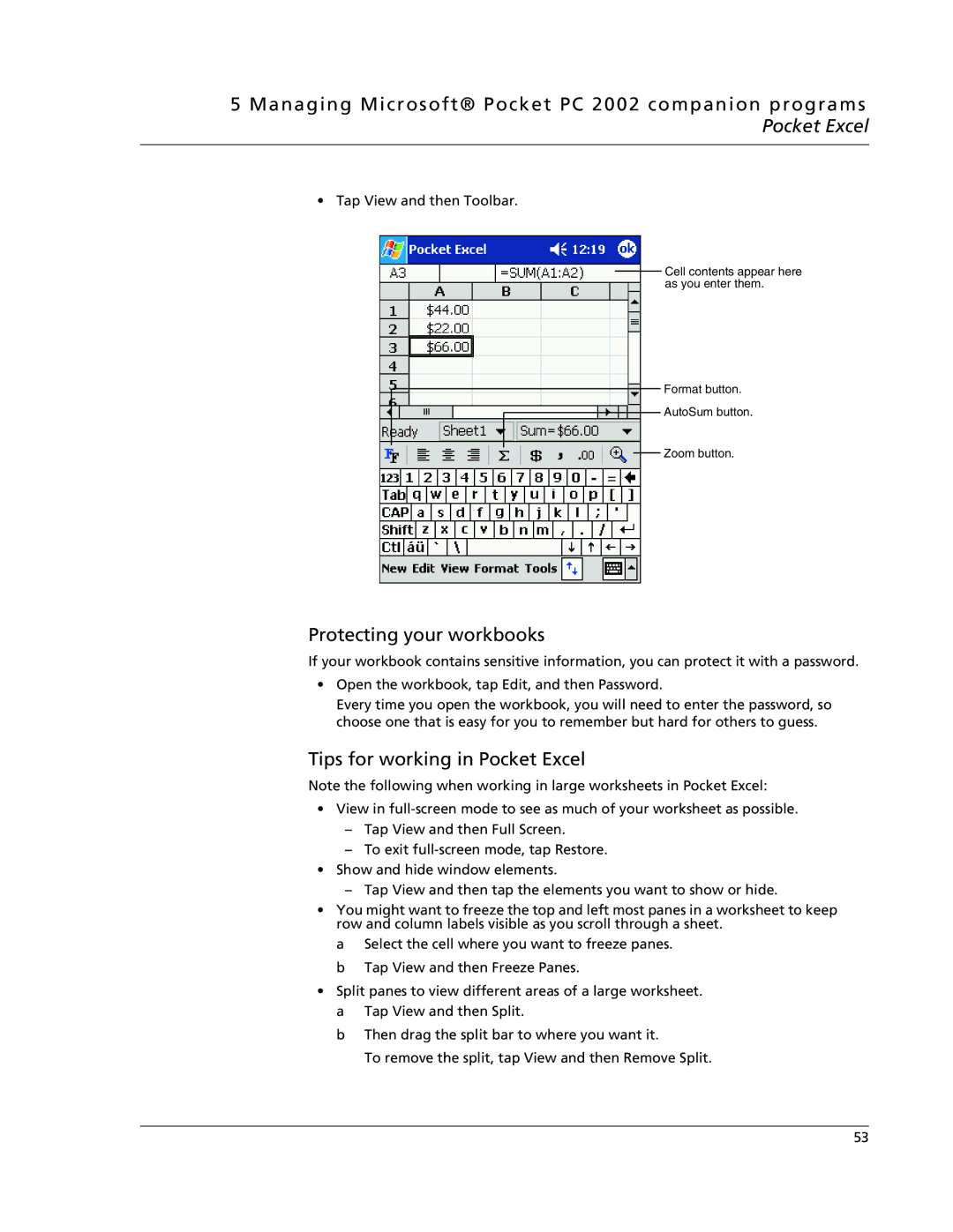 Acer N10 manual Protecting your workbooks, Tips for working in Pocket Excel 