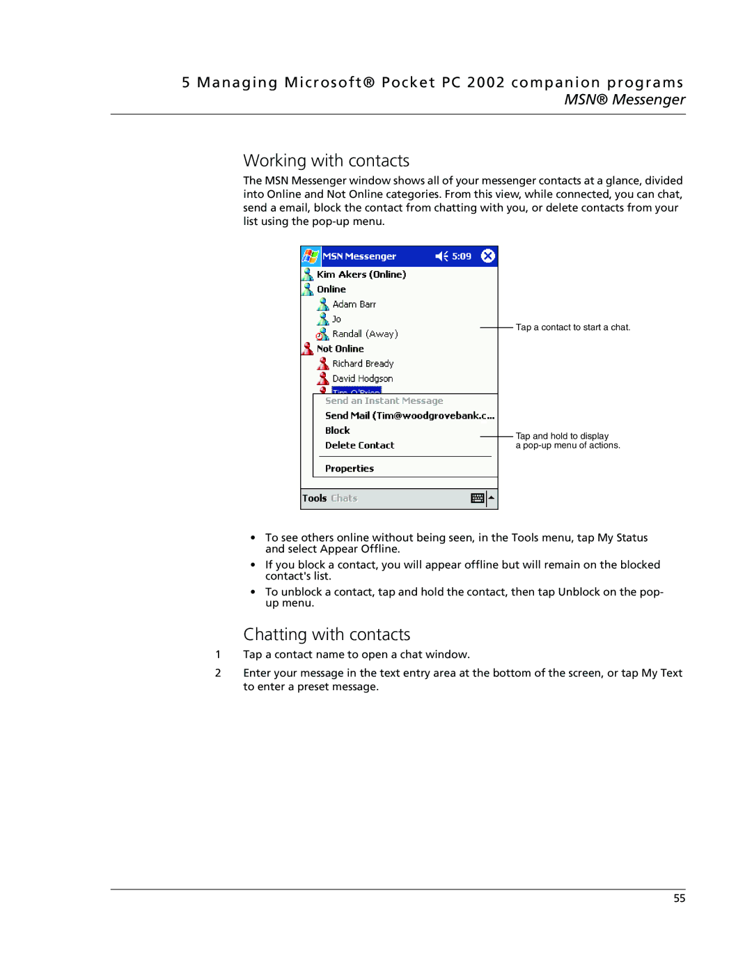 Acer N10 manual Working with contacts, Chatting with contacts 