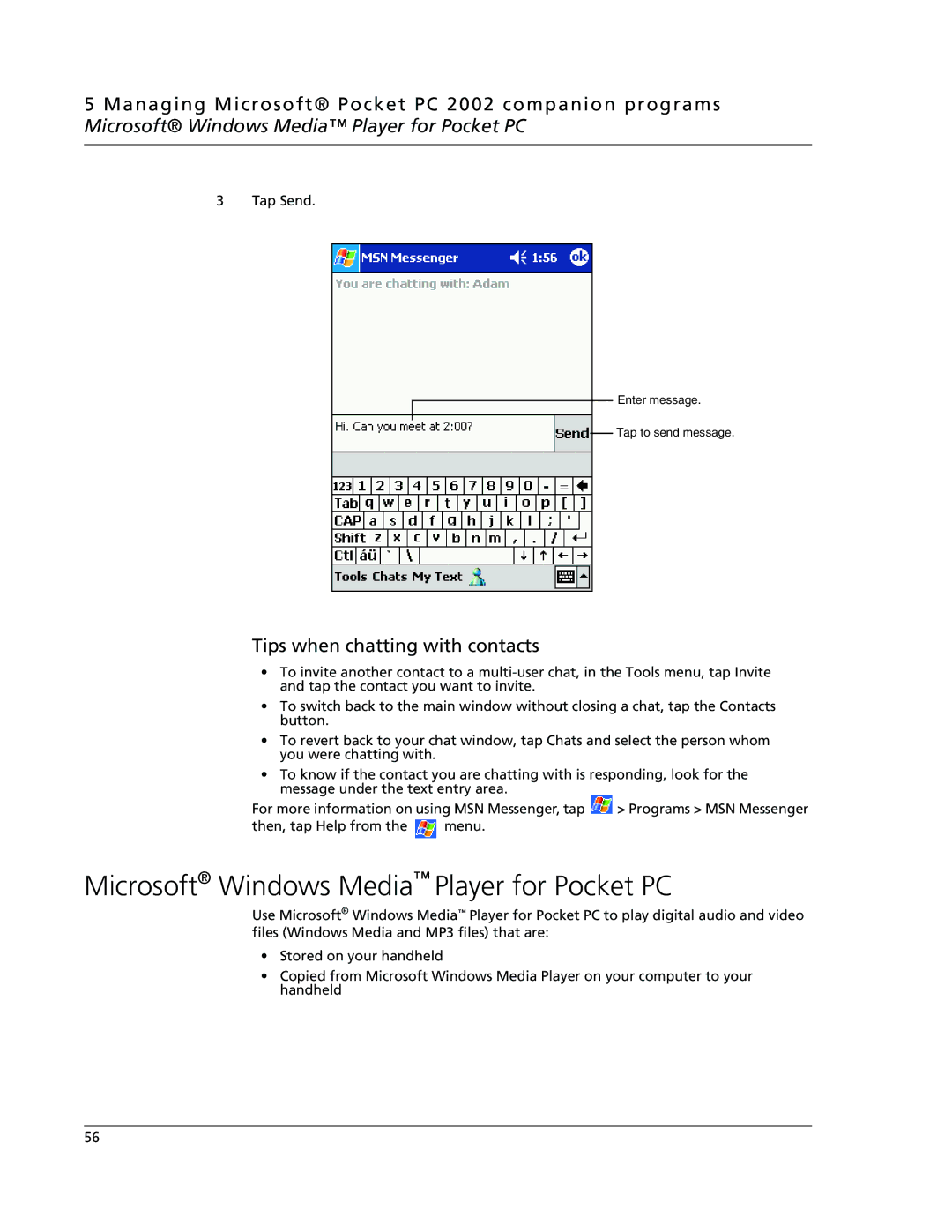 Acer N10 manual Microsoft Windows Media Player for Pocket PC, Tips when chatting with contacts 
