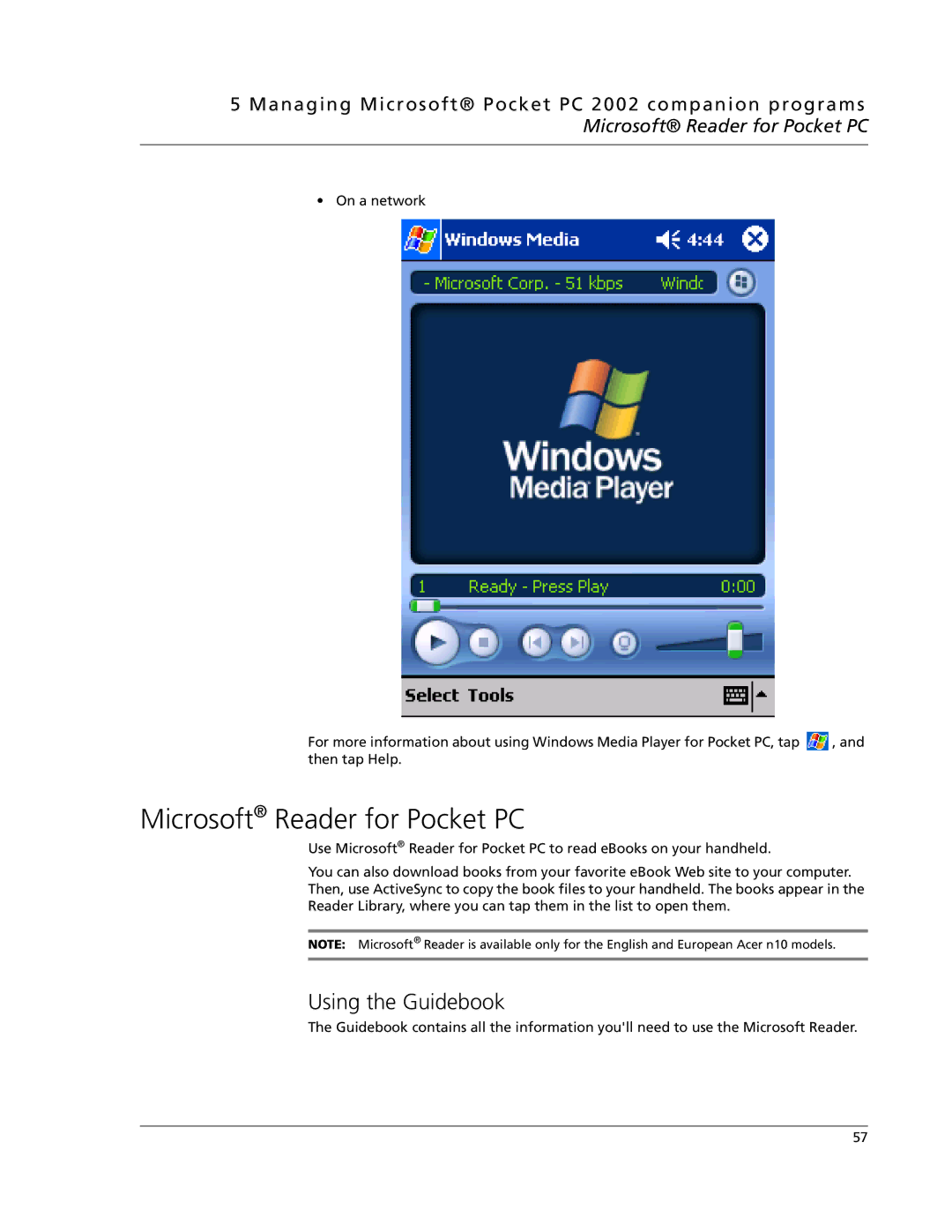 Acer N10 manual Microsoft Reader for Pocket PC, Using the Guidebook 