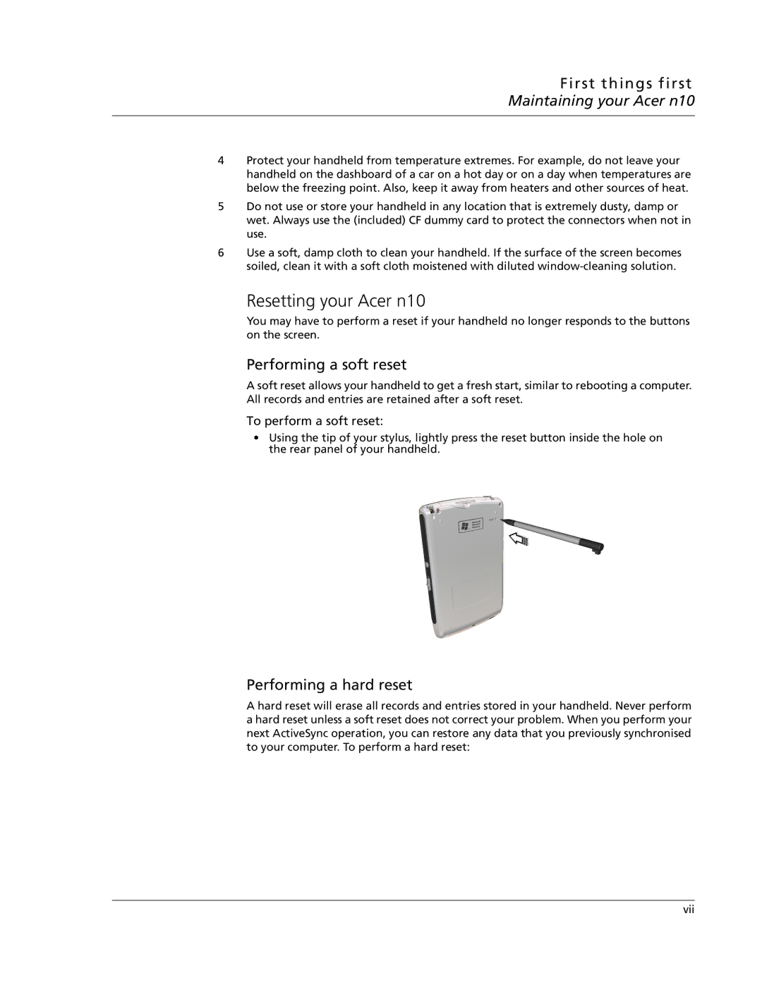 Acer N10 manual Resetting your Acer n10, Performing a soft reset, Performing a hard reset, To perform a soft reset 