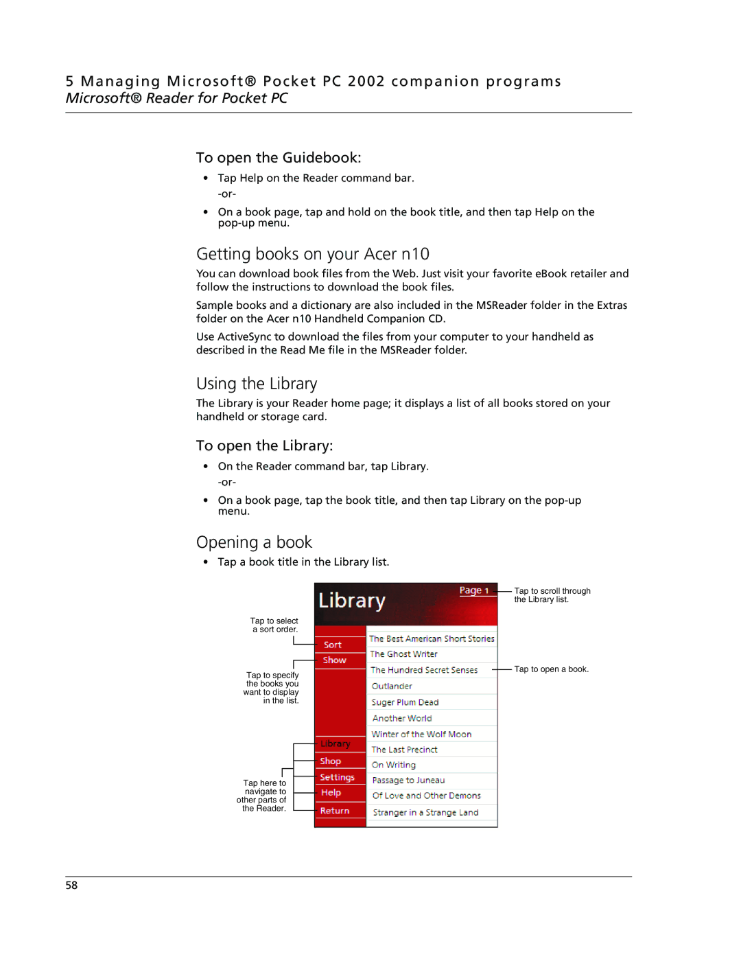 Acer N10 manual Getting books on your Acer n10, Using the Library, Opening a book, To open the Library 