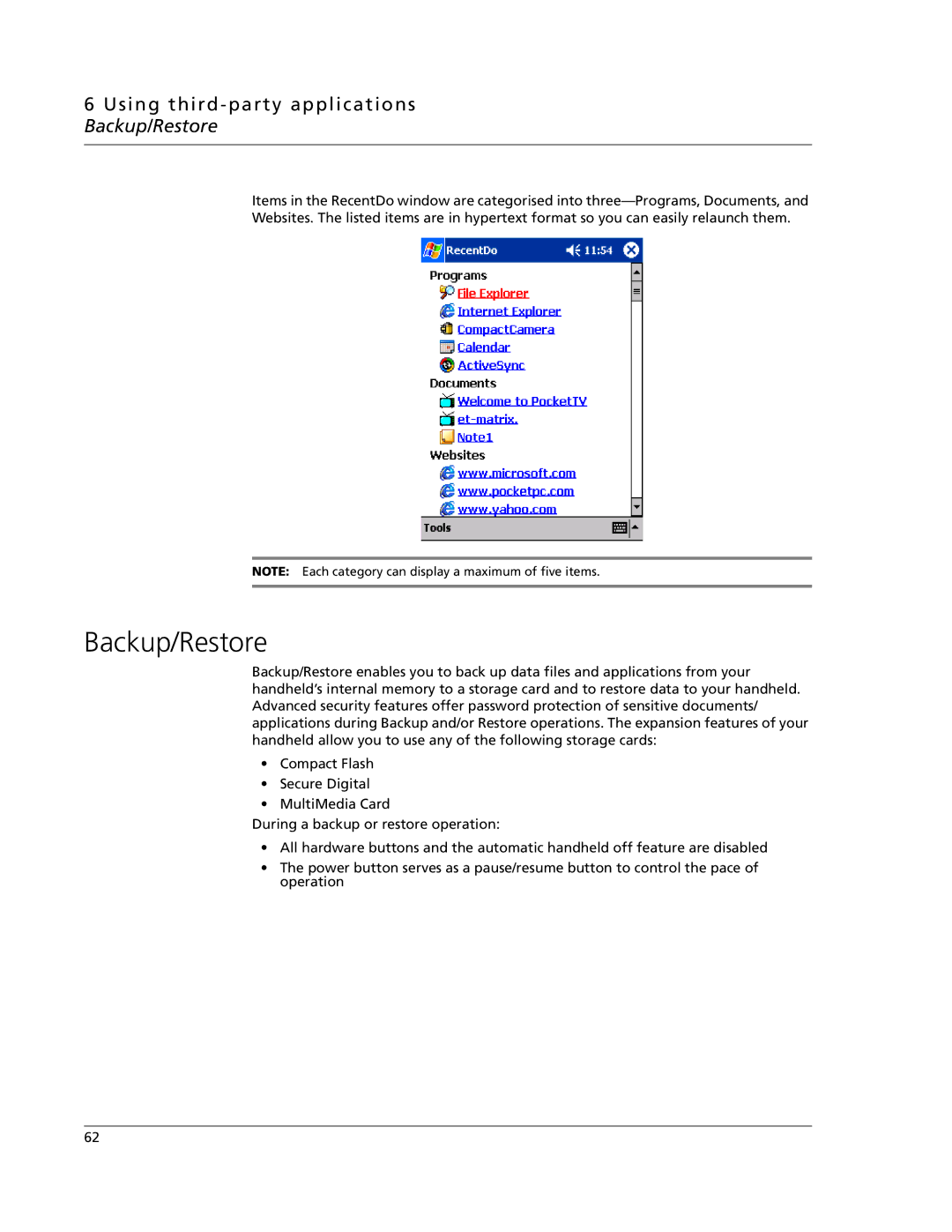 Acer N10 manual Using third -party applications Backup/Restore 